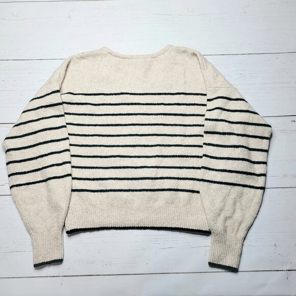 Madewell Wedged V Neck Sweater Luxury Forest Stripe Beige Green Cotton Medium - Picture 4 of 9